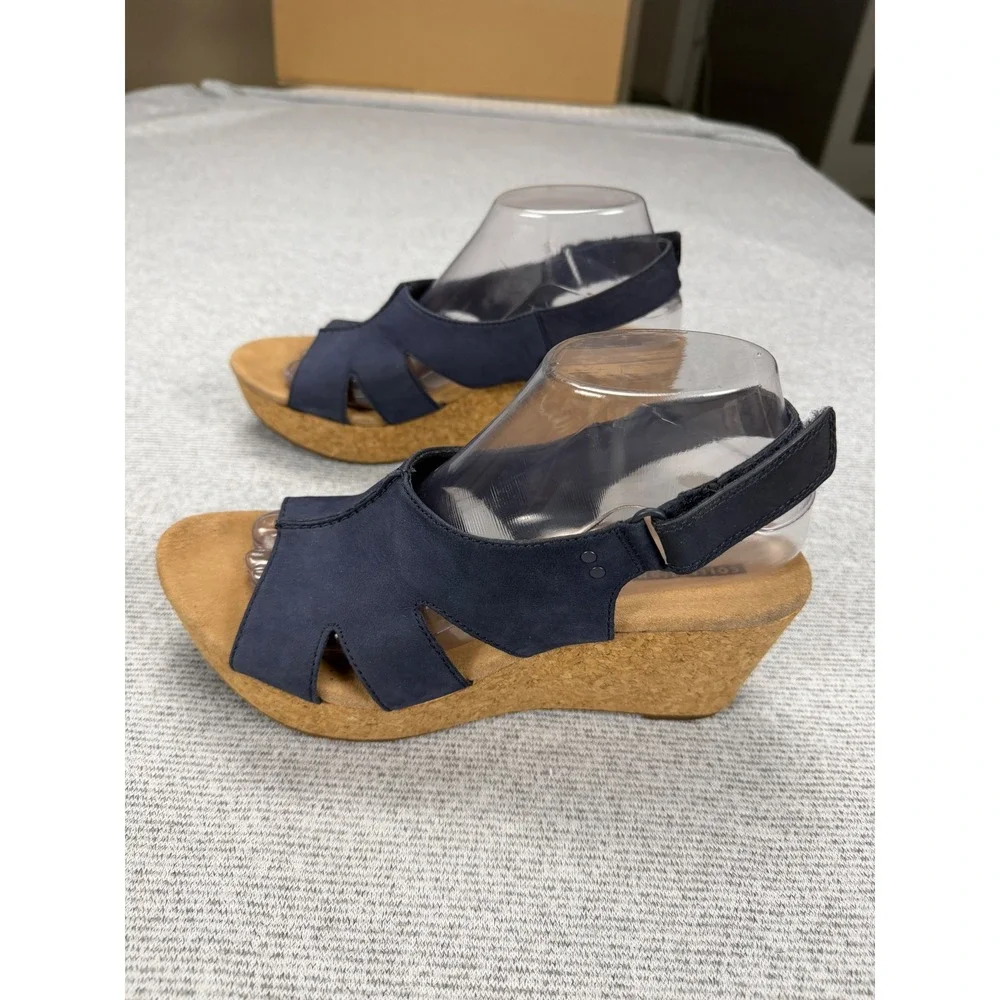 Clarks Collection Navy Blue Leather Cork Wedge Sandals‎ Womens 9.5 M